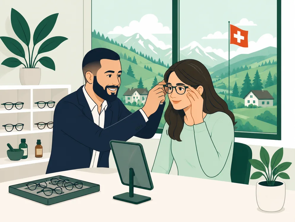 Anprobe einer Brille beim Optiker