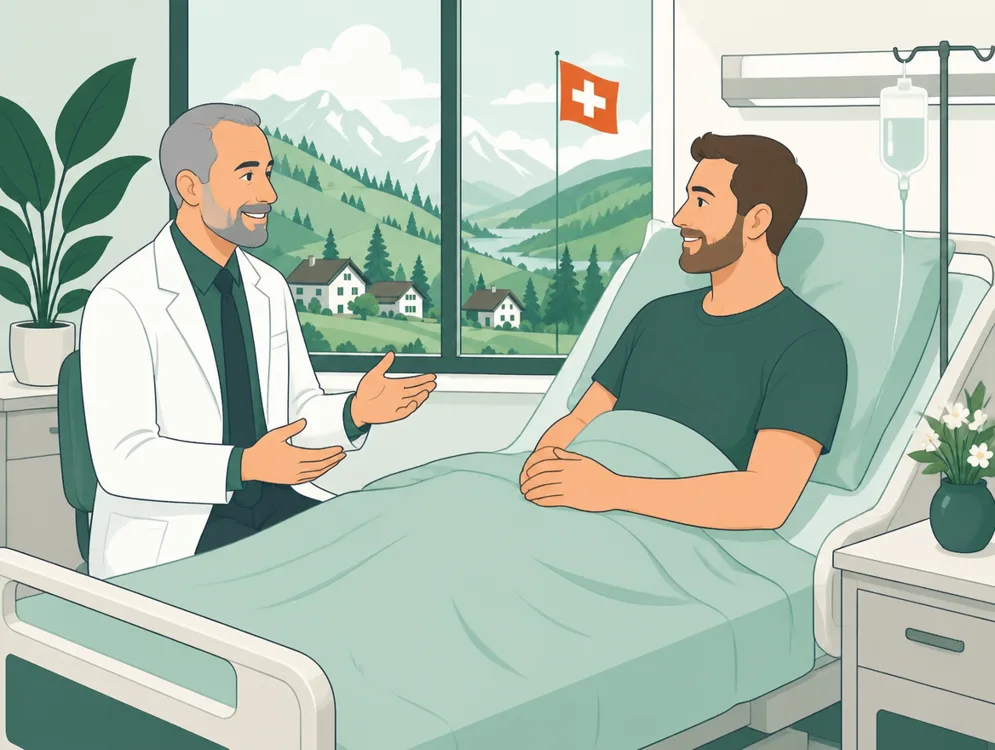 Arzt im Gespräch mit einem Patienten am Spitalbett