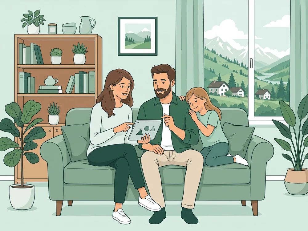 Familie liest auf dem Sofa gemeinsam Tipps zur Krankenkasse auf dem Tablet