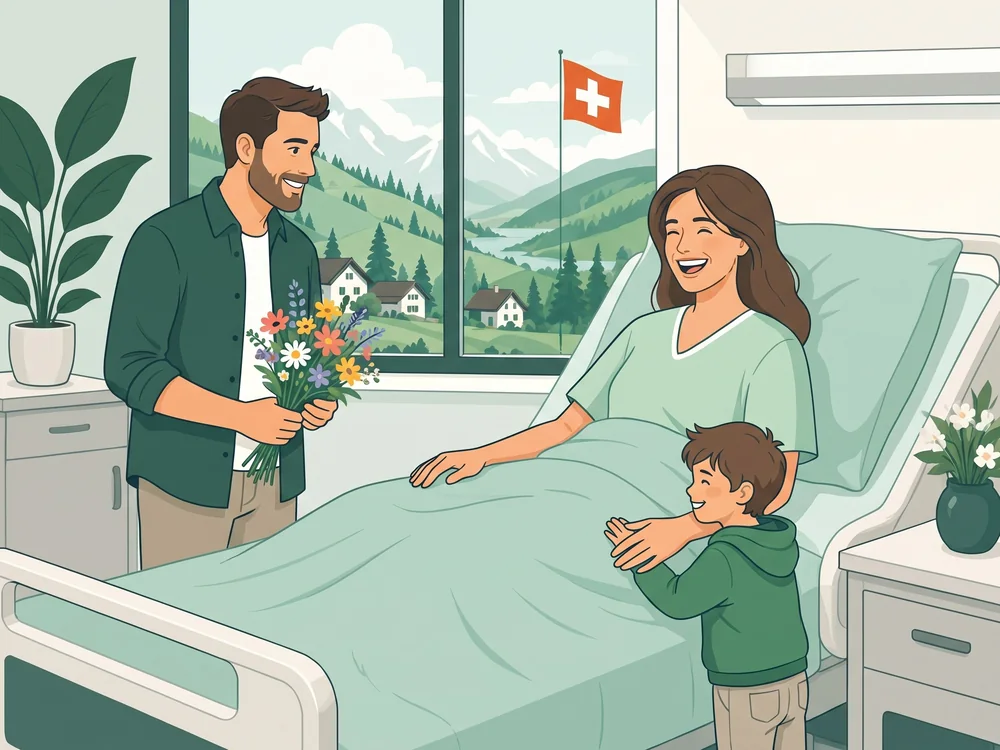 Familie besucht die Mutter im Spitalzimmer mit einem Blumenstrauss